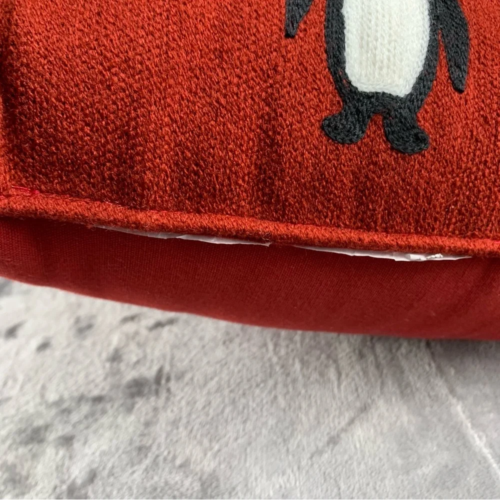 Pottery Barn Red Needlework Penguin‎ Pattern Crewel Pillow 14 X 14 Imperfections